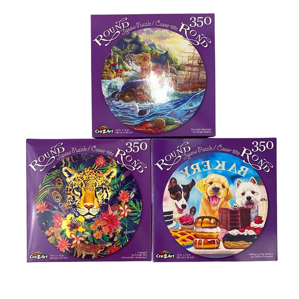 Cra-Z-Art Round Jigsaw Puzzle Dogs Leopard Mermaid 350 Pieces - Lot of 3 Puzzles